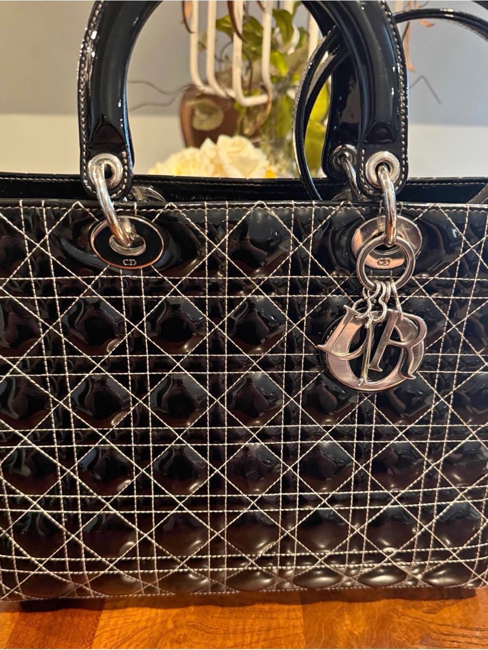 Authentic Dior Black Patent Quilted Lady Dior Tote